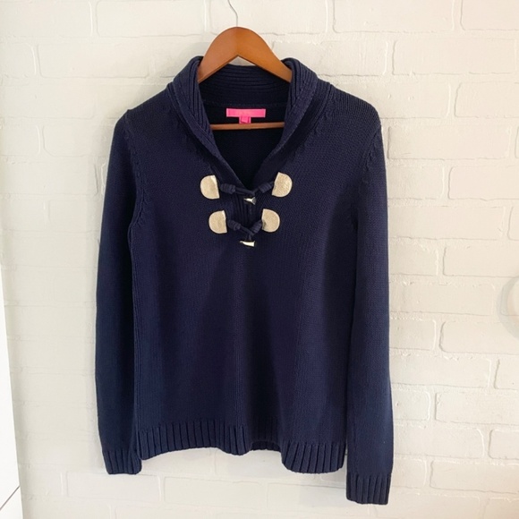Lilly Pulitzer Toggle Knit Sweater Shawl collar Cotton Coastal Navy Blue Gold S - Picture 5 of 12